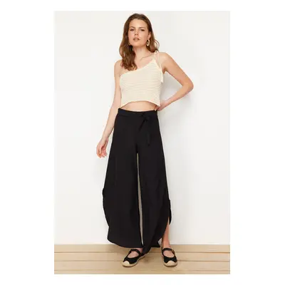 Trendyol Black Side Slits Short Wide Leg Flexible Trousers