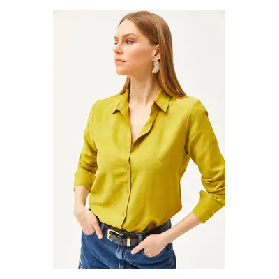 Olalook Women's Floral Oil Green Jacquard Satin Detail Woven Shirt