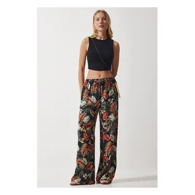 Happiness İstanbul Women's Black Tile Patterned Flowing Viscose Palazzo Trousers