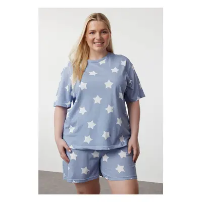 Trendyol Curve Blue Star Printed Knitted Pajama Set