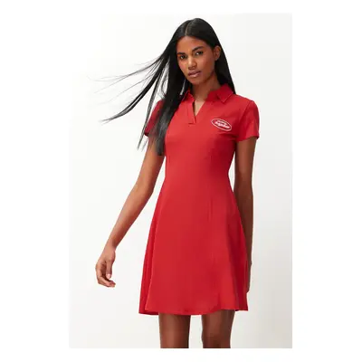 Trendyol Red Skater/Waist Embroidery Cotton Stretch Knitted Mini Dress