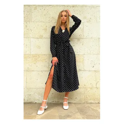 Trend Alaçatı Stili Women's Black Polka Dot Patterned Woven Viscon Shirt Dress