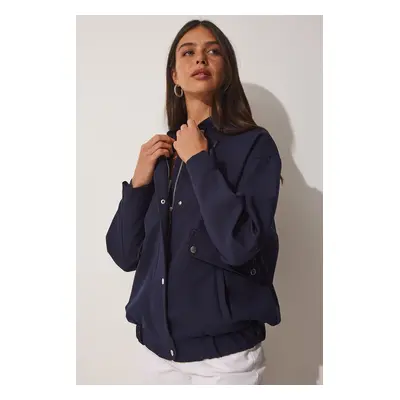 Happiness İstanbul Women's Navy Blue Wide Pocket Bomber Coat