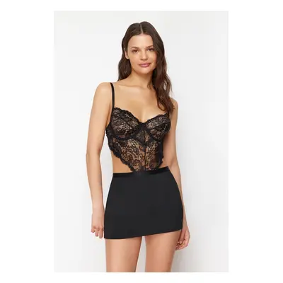 Trendyol Black Lace String Strap Knitted Fancy Nightdress