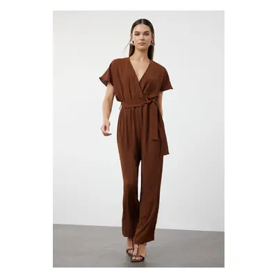 Trendyol Brown Tie Detailed Double Breasted Collar Tube Leg Woven Jumpsuit