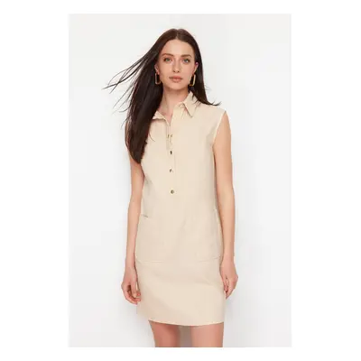 Trendyol Beige Straight Cut Pocket Shirt Collar Linen Look Mini Woven Dress