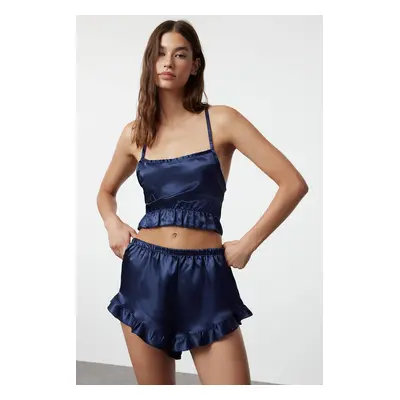 Trendyol Navy Blue Ruffle and Back Rope Strap Satin Woven Pajama Set