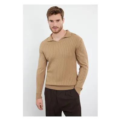 Trendyol Camel Slim Slim Fit Polo Collar Plain Knitwear Sweater