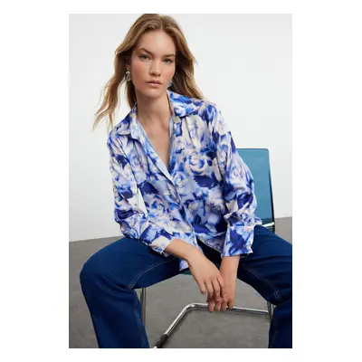 Trendyol Blue Woven Satin Rose Patterned Oversize Wide Fit Shirt