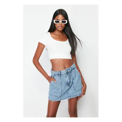 Trendyol Blue More Sustainable Pocket Detailed High Waist Denim Shorts Skirt