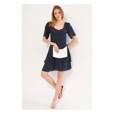 armonika Women's Navy Blue Minus Dress Short Sleeve Skirt Layered Zippered Patterned Mini Size