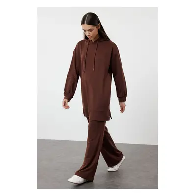 Trendyol Brown Oversize Basic Hooded Knitted Tracksuit