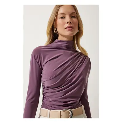 Happiness İstanbul Women's Lilac Gathered Detailed High Neck Sandy Blouse