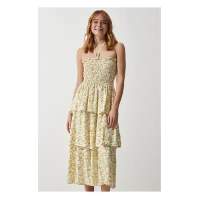 Happiness İstanbul Women's Ecru Yellow Floral Flounce Summer Viscose Dress