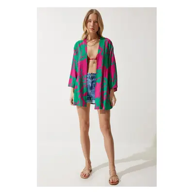 Happiness İstanbul Women's Green Pink Patterned Viscose Kimono