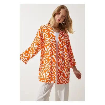 Happiness İstanbul Women's Orange Ecru Patterned Viscose Kimono