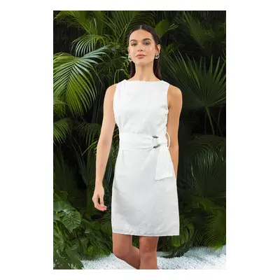 Trendyol Ecru Belted A-Line Embroidery Mini Woven Dress