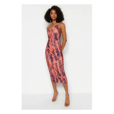 Trendyol Printed Bodycon Midi One Shoulder Adjustable Strap Knitted Pencil Dress