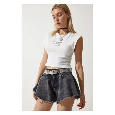 Happiness İstanbul Women's Anthracite Tasseled Mini Denim Shorts