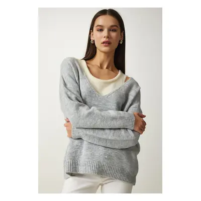 Happiness İstanbul Women's Gray Shirt Soft Textured Double Knitwear Sweater