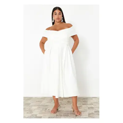 Trendyol Curve White Madonna Collar Woven Plus Size Evening Dress/Bridal/Wedding/Engagement/Even