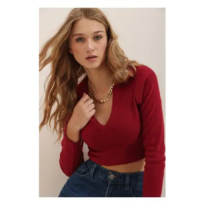 Trend Alaçatı Stili Women's Burgundy Polo Neck Ribbed Soft Textured Crop Blouse