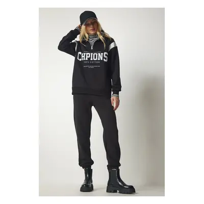 Happiness İstanbul Women's Black Zipper Collar Printed Raised Tracksuit