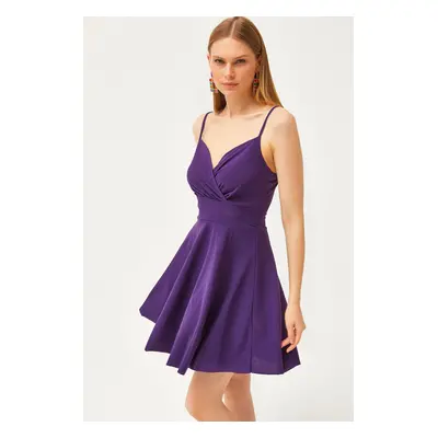 Olalook Women's Purple Strap Double Breasted Collar Flared Dress