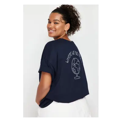 Trendyol Curve Navy Blue 100% Cotton Back Printed Relaxed/Wide Relaxed Cut Crew Neck Knitted T-S