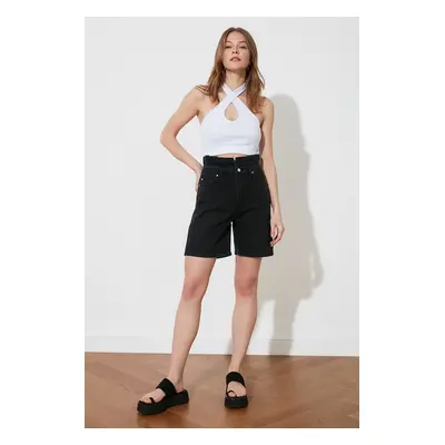 Trendyol Black High Waist Denim Shorts with Pleated Waist