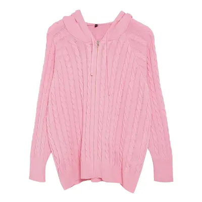 Trendyol Curve Pink Hooded Zippered Knitwear Cardigan