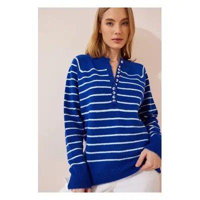 Happiness İstanbul Women's Blue Ecru Buttoned Collar Knitwear Sweater