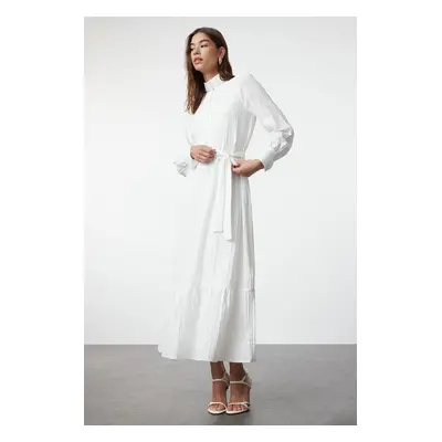 Trendyol Ecru Linen Look Woven Dress with Ruffled Belted Skirt