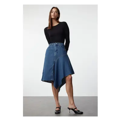 Trendyol Blue Stitch Detailed Asymmetric High Waist Midi Denim Skirt