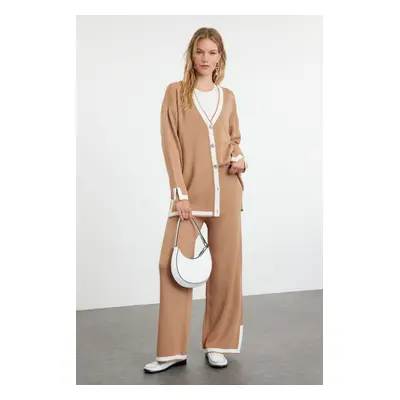 Trendyol Camel Color Block Knitwear Cardigan Trousers Bottom-Top Set