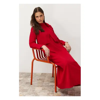 Trendyol Burgundy Collar Tie Detailed Woven Dress