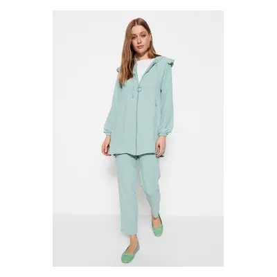 Trendyol Mint Ruffled Hooded Woven Aerobin Tunic-Pants Set