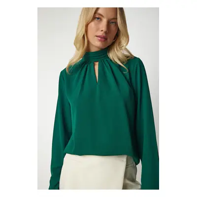 Happiness İstanbul Women's Emerald Green Window Detail Flowy Crepe Blouse