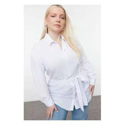 Trendyol Curve White Plus Size Waisted Poplin Woven Shirt