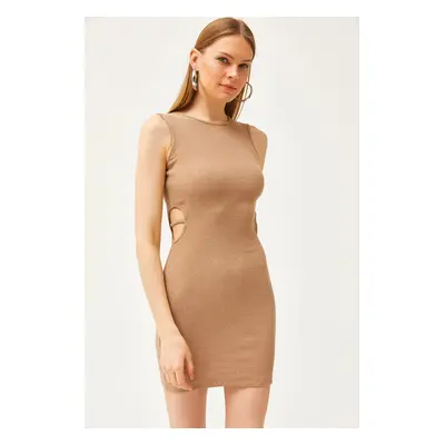 Olalook Women's Camel Side Cut Out Detail Lycra Mini Dress