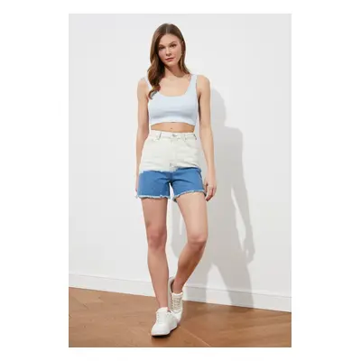 Trendyol Blue White Color-Blocked Tasseled Denim Shorts