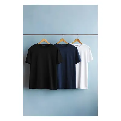 Trendyol Navy Blue-Black-White Slim/Slim Cut Crew Neck Basic 100% Cotton 3-Pack T-Shirt