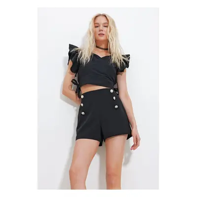 Trend Alaçatı Stili Women's Black High Waist Hidden Zipper Front Buttoned Woven Shorts