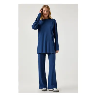 Happiness İstanbul Women's Navy Blue Ribbed Knitted Blouse Pants Suit