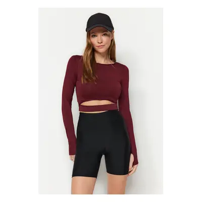 Trendyol Burgundy Crop Window/Cut Out and Thumb Hole Detail Knitted Sports Top/Blouse