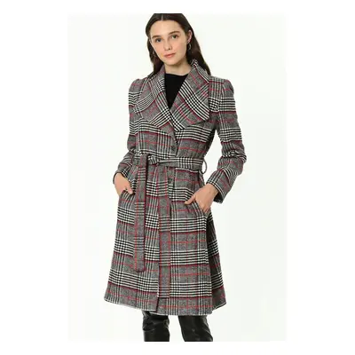 Z6638 DEWBERRY PLAID WOMEN'S COAT-BURGUNDY-BLACK