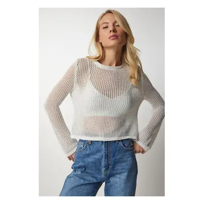 Happiness İstanbul Women's Cream Silvery Openwork Transparent Knitwear Blouse