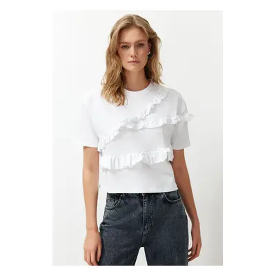 Trendyol White 100% Cotton Ruffle Detailed Relaxed/Comfortable Fit Short Sleeve Knitted T-Shirt