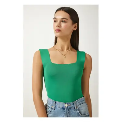 Happiness İstanbul Women's Dark Green Square Neck Knitwear Crop Blouse