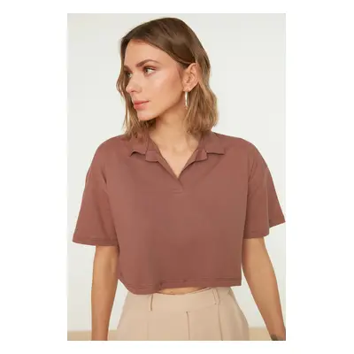 Trendyol Brown 100% Cotton Crop Polo Neck Knitted T-Shirt